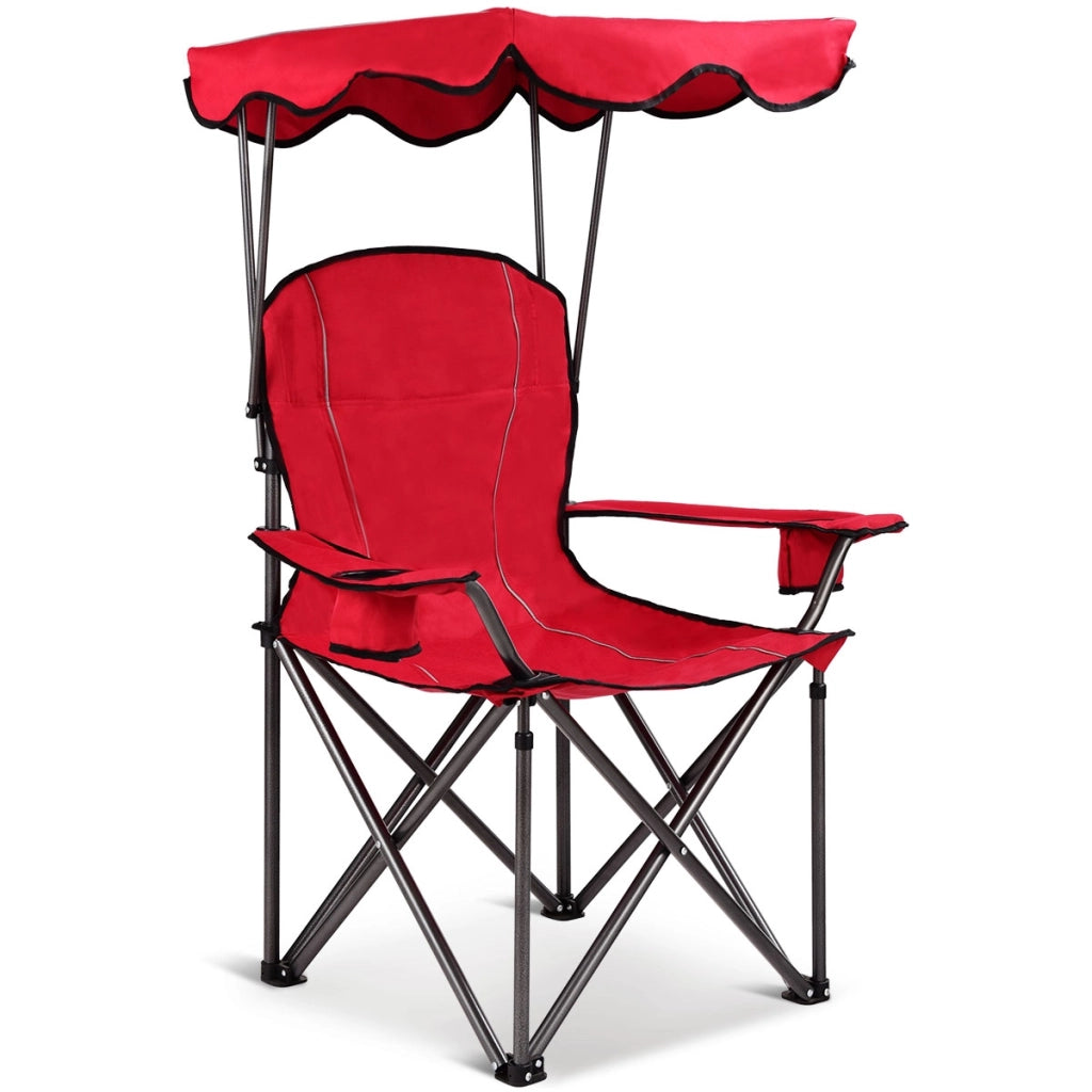 Sedia da campeggio pieghevole con parasole-supporto reclinabile 120kg-Sedia da spiaggia portatile con portabicchieri-rosso