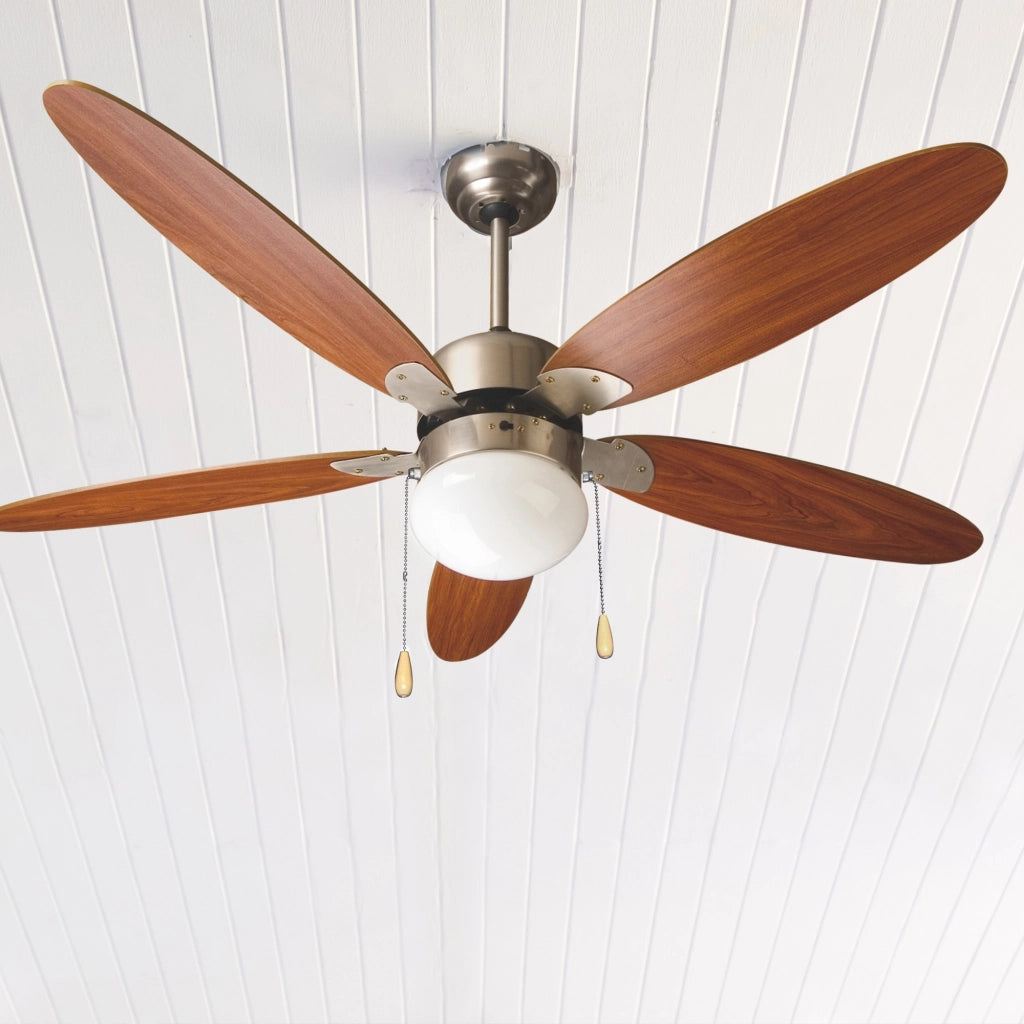 ZEPHIR ZFS9110M Ventilatore da Soffitto 130 cm con Luce E27, 5 Pale in Legno Marrone, Reversibile Estate/Inverno, 3 Velocità, Paralume in Vetro, Comando a Cordicella, 70W, Struttura in Metallo