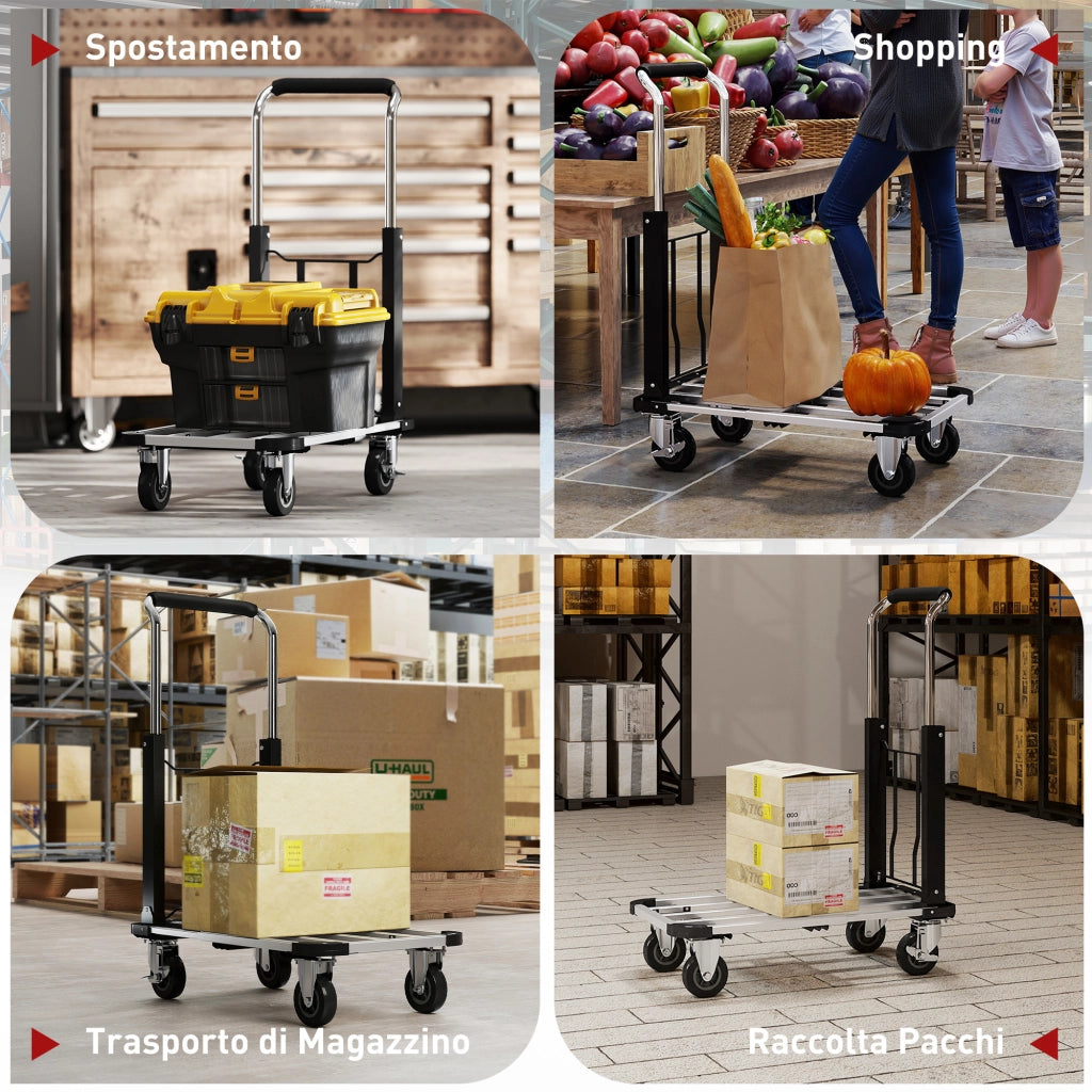 Carrello Portapacchi Pieghevole con Pedana Estensibile Capacità 150 kg in Metallo e Alluminio Argento