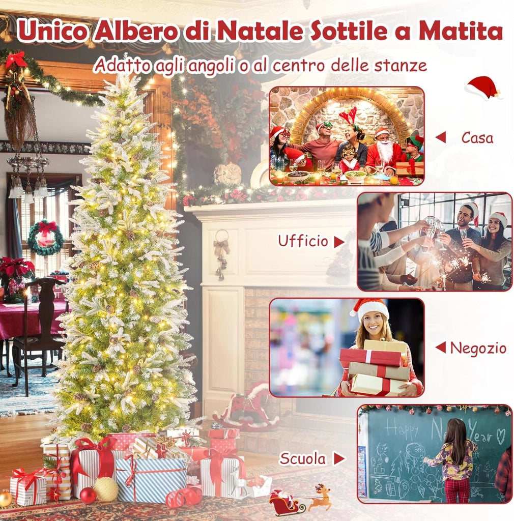 Albero di Natale Slim Pre-Luminoso 225 CM, Albero di Natale Artificiale Innevato con 350 Luci LED Bianche Calde, Rami Articolati e 913 Punte e 75 Pigne (225 CM)