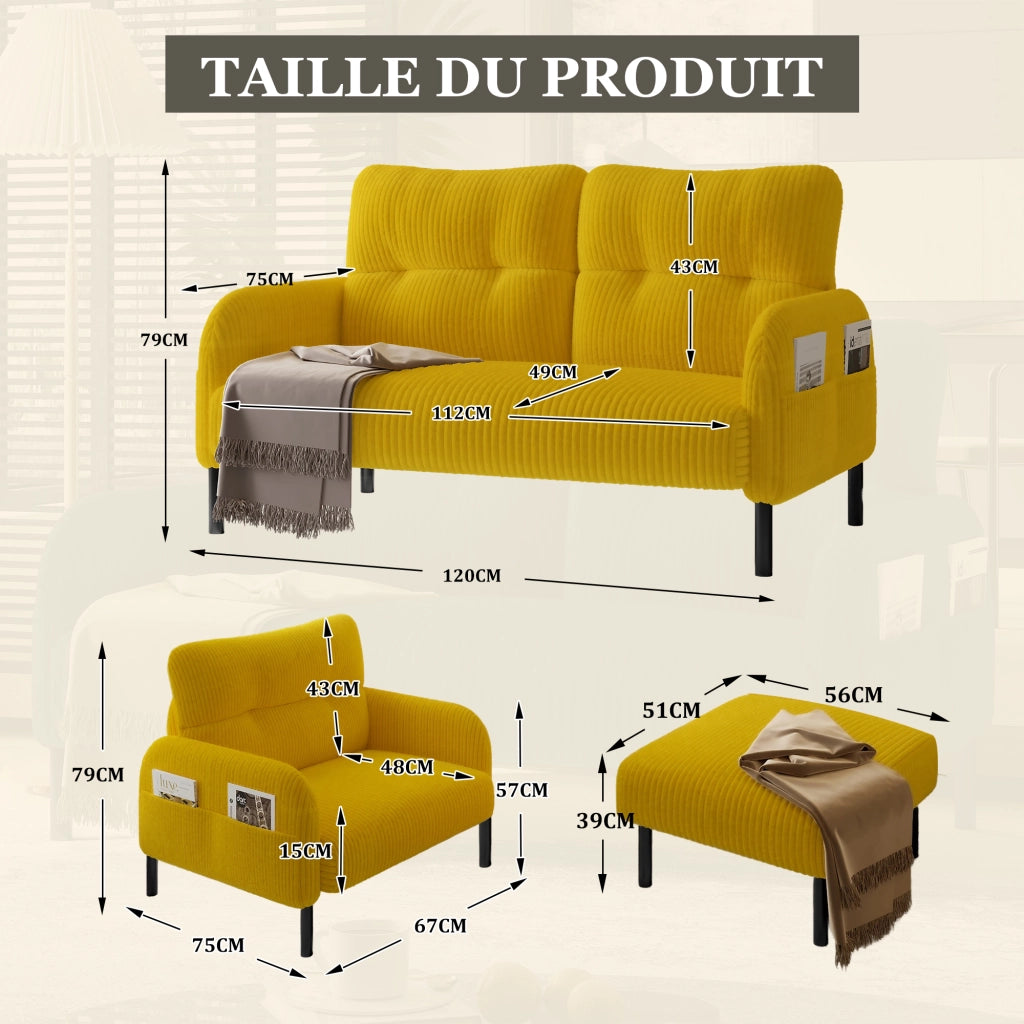 OKWISH Set da 3 Pezzi con Divano 2 Posti, Poltrona e Poggiapiedi, con Tasca Laterale, Velluto a Coste Giallo