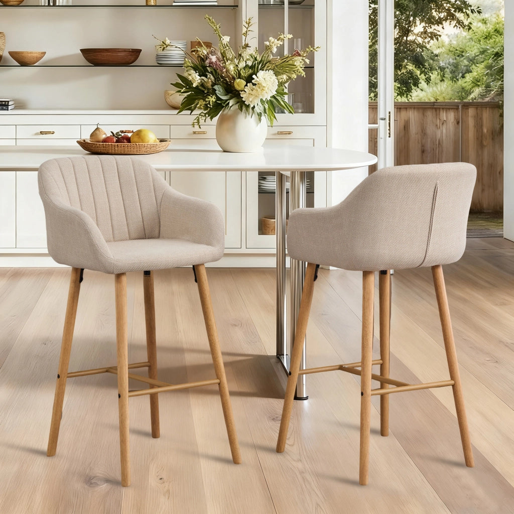 Set 2 Sgabelli da Bar con Schienale Alto e Braccioli ¨C MINIMAL ¨C Seduta in Tessuto Lino, Gambe in Legno