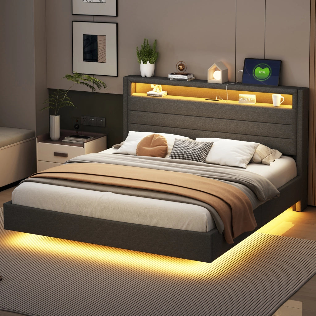 OKWISH Letto Imbottito 160×200 cm, Letto Matrimoniale con USB, LED Regolabile e Testiera Reversibile, senza Materasso, in Tessuto Grigio