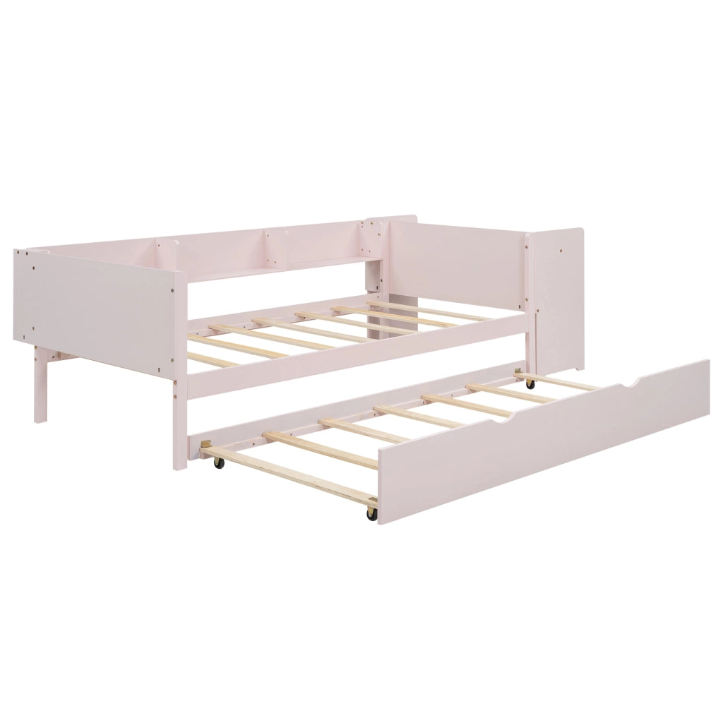 OKWISH Letto estraibile 90×200 cm, Letto Singolo con Letto estraibile, Scrivania e 3 Mensole, senza Materasso, in Pino e MDF, Rosa