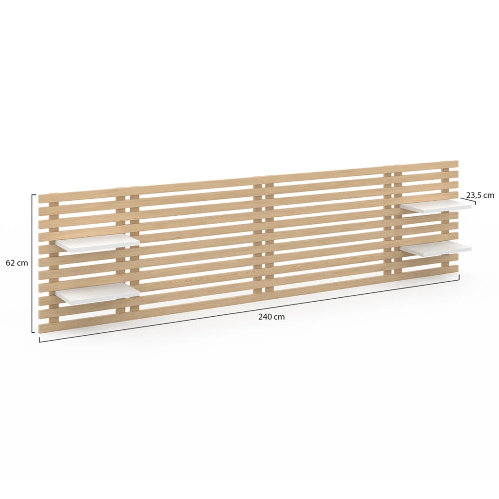 IDMarket - Testiera effetto doga 240 cm in legno chiaro e ripiani bianchi AVA
