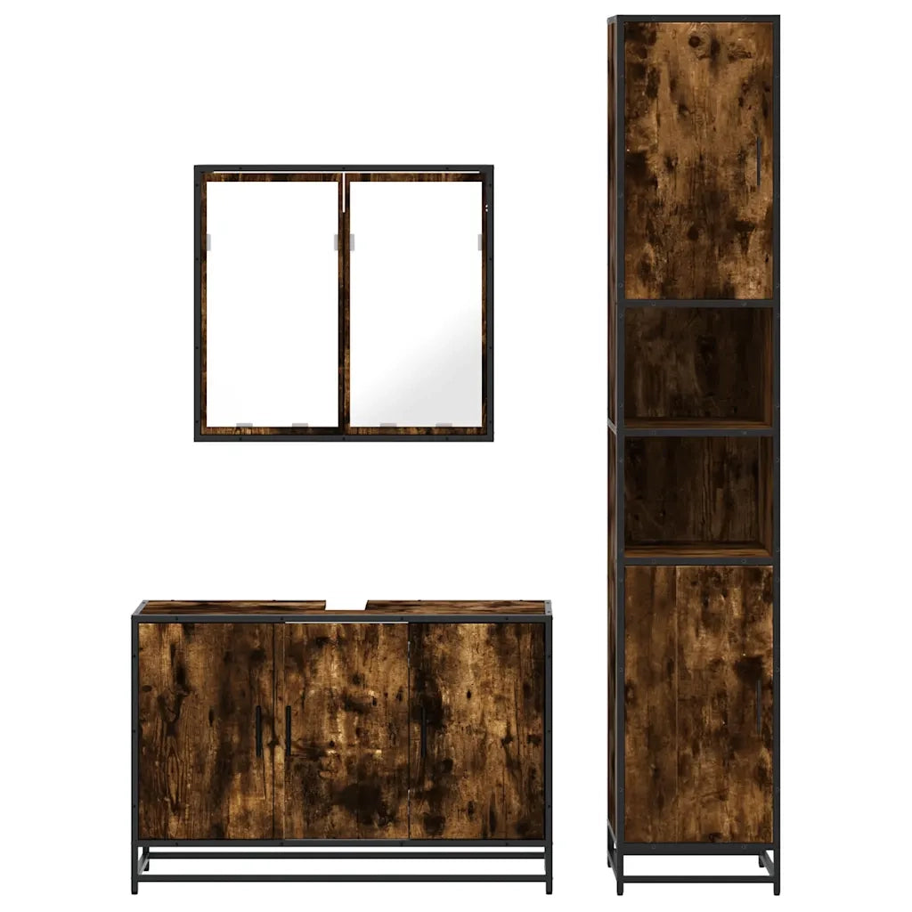 Set Mobili da Bagno 3 pz Rovere Fumo in Legno Multistrato