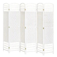 Separatore Ambienti 6 Pannelli Pieghevoli 242L x 170H cm Legno Di Pioppo Bambù Fibre Di Carta Intrecciata Bianco Paglia