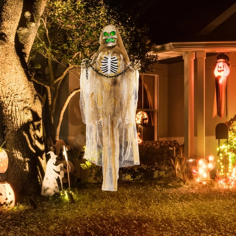 Desviae Scheletro decorativo di Halloween sospeso animato in plastica khaki con luci e suoni per interni ed esterni protetti