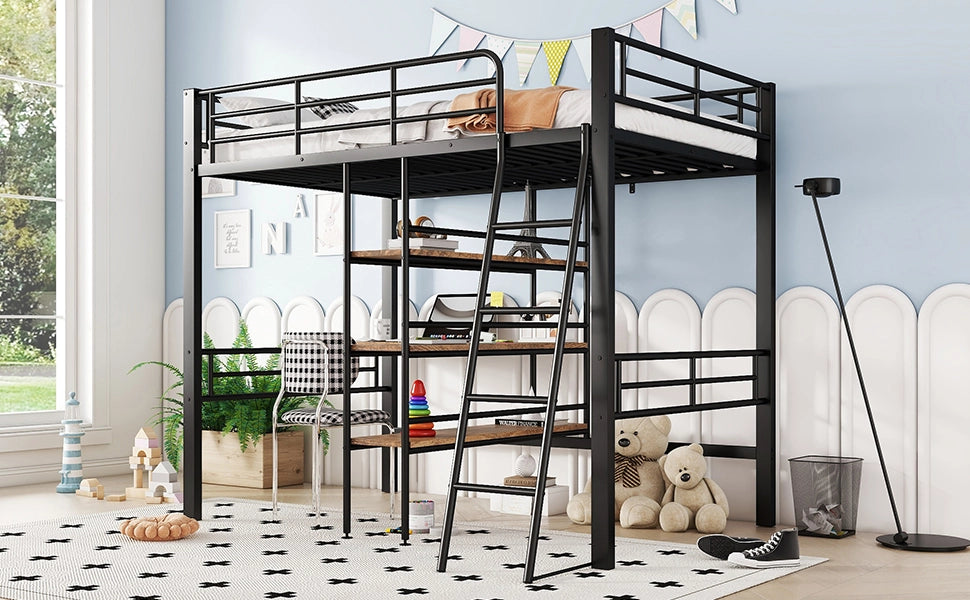 DESMIU Letto a soppalco 1 posto con scrivania, scaffali e scala 90 × 200 cm, senza materasso, in metallo, nero