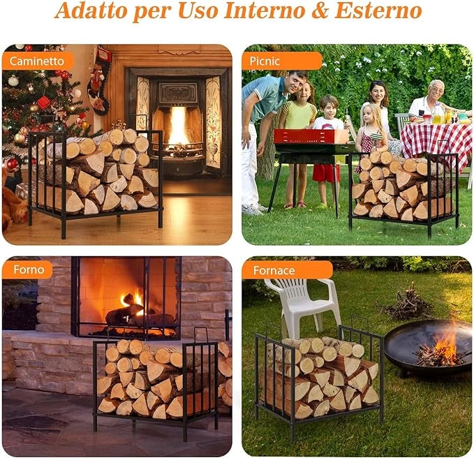 Porta Legna per Interni ed Esterni, Porta Legna per Camino con Comoda Maniglia e Piedini Rialzati, Portalegna da Ardere per Caminetti, Stufe e Focolari, Portata 50 kg (46 x 31 x 46 cm)