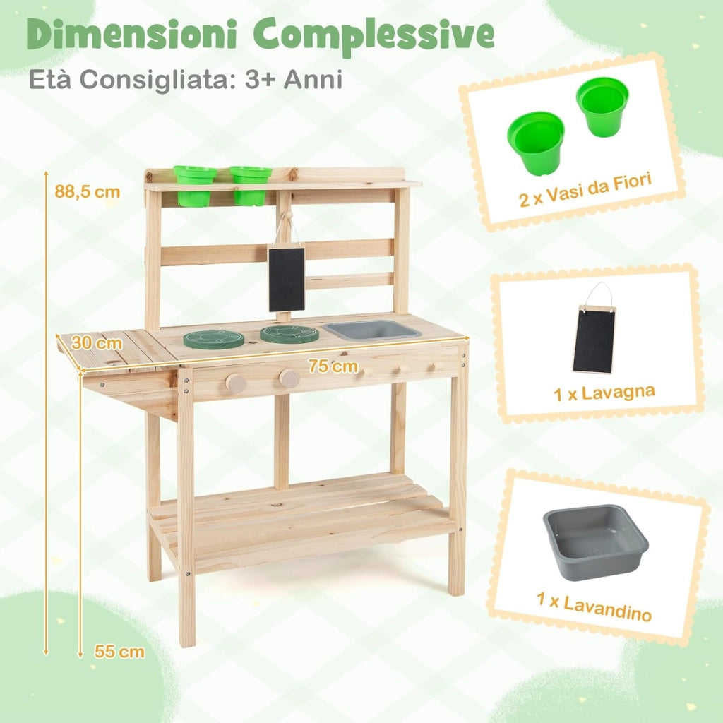 Set da Cucina Giocattolo per Bambini, Cucinetta in Legno con Fornelli, Lavello, Manopole Rotanti, Lavagna, Vasi di Fiori e Scaffali Portaoggetti, per Bambini 3+ Anni