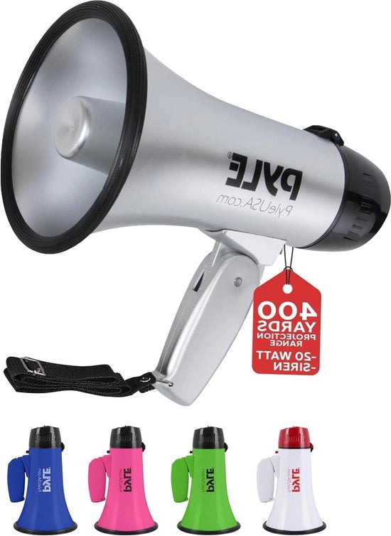 Megafoon Luidspreker Portatile con 20 Watt di Potenza - Alimentato da Batteria - Microfono - 2 Modalità - Suono PA - Maniglia Ripiegabile - Utilizzo per Cheerleading e Polizia - PMP23SL (Argento)