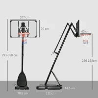 Canestro Basket in Acciaio, Regolabile in Altezza e portatile con Tabellone e Ruote, 107x70cm, Nero e rosso