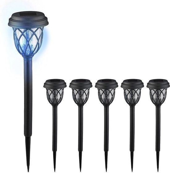 Set di lampade da giardino a energia solare da 6 lampioni con base da terra 425 x 10 cm LED nero/trasparente.