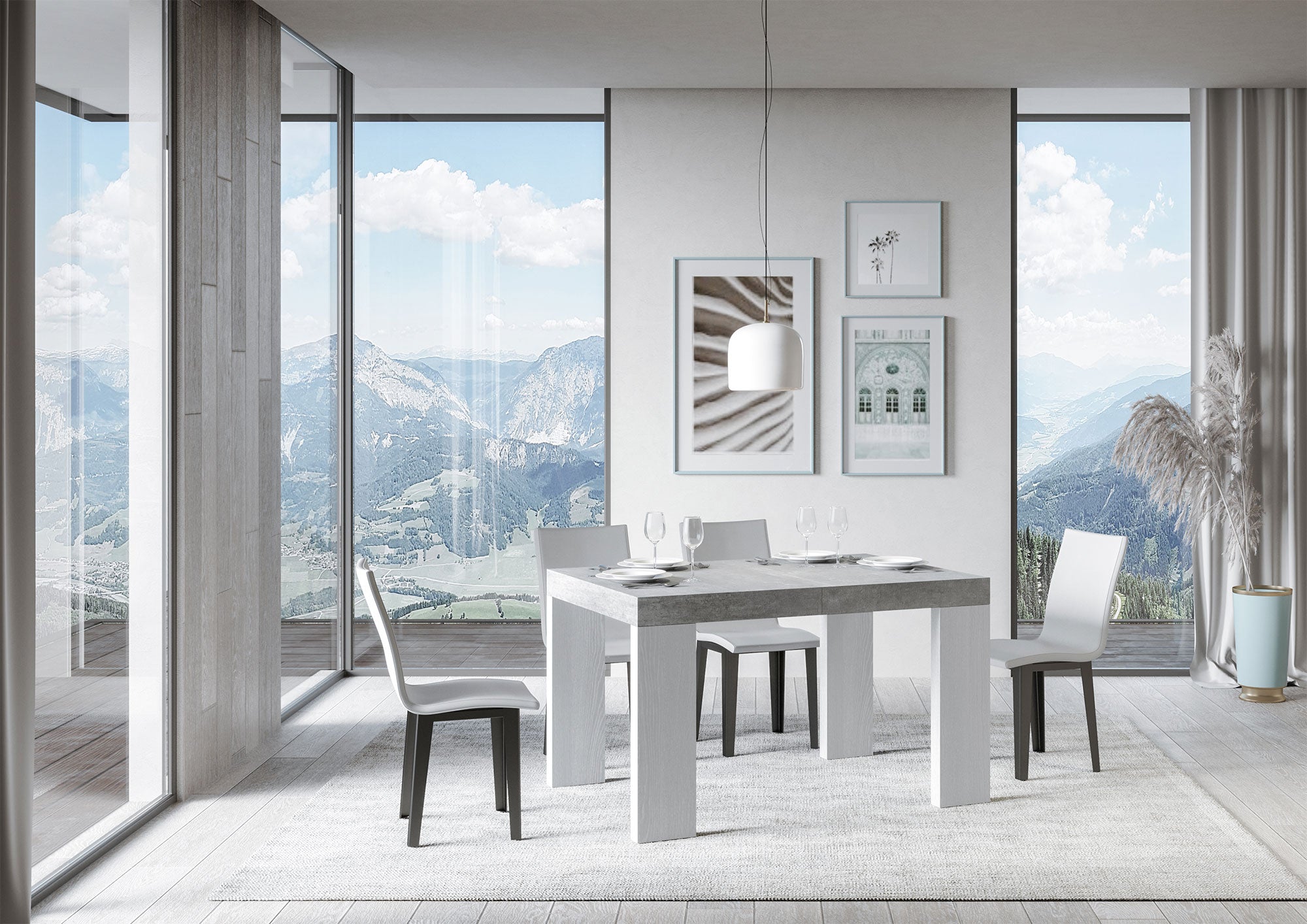 Tavolo Allungabile 130/390x90x77 cm Roxell Mix piano Cemento gambe Bianco Frassino