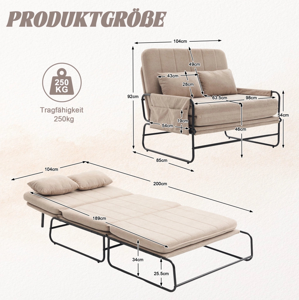 Divano letto 2 posti trasformabile in chenille kaki con struttura in metallo; 104x85x92 cm