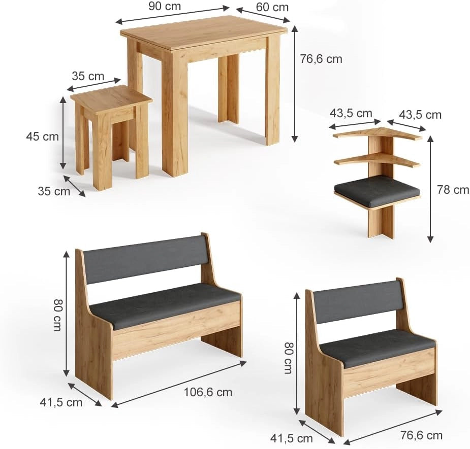 Gruppo panca ad angolo Roman, Quercia dorata, 150 x 120 cm con tavolo, adatto per il posizionamento ad angolo in cucine e sale da pranzo