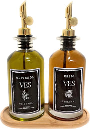 Dispensatore di olio e aceto con accessori di dispensatore in oro - Incluso panno di bambù - Set elegante 2 pezzi: 350 ml - Accessorio da cucina elegante