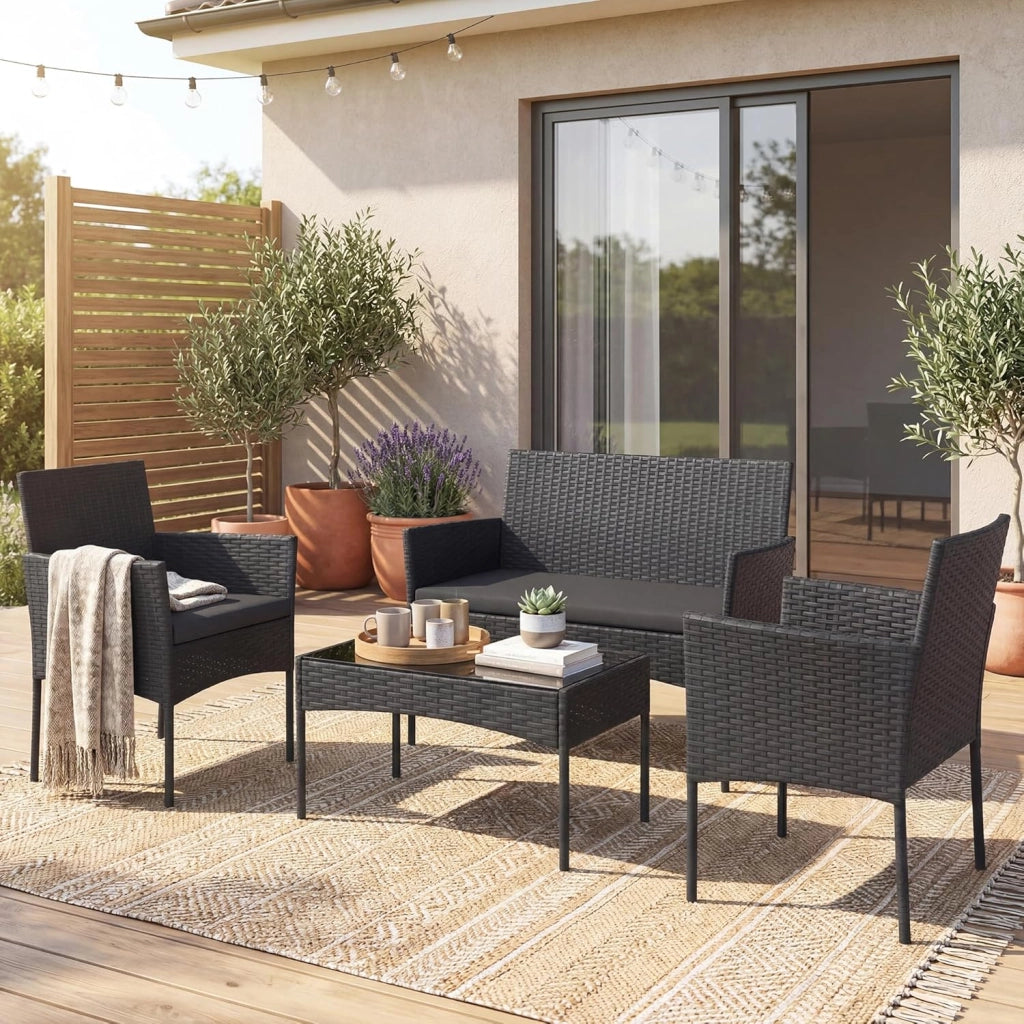 Salotto da Giardino Esterno 4 Pezzi, Set da Esterno in Rattan con Tavolino con Piano in Vetro, Divano 2 Posti e 2 Poltrone, Set da Conversazione con Cuscini per Patio, Balcone e Terrazzo (Nero)