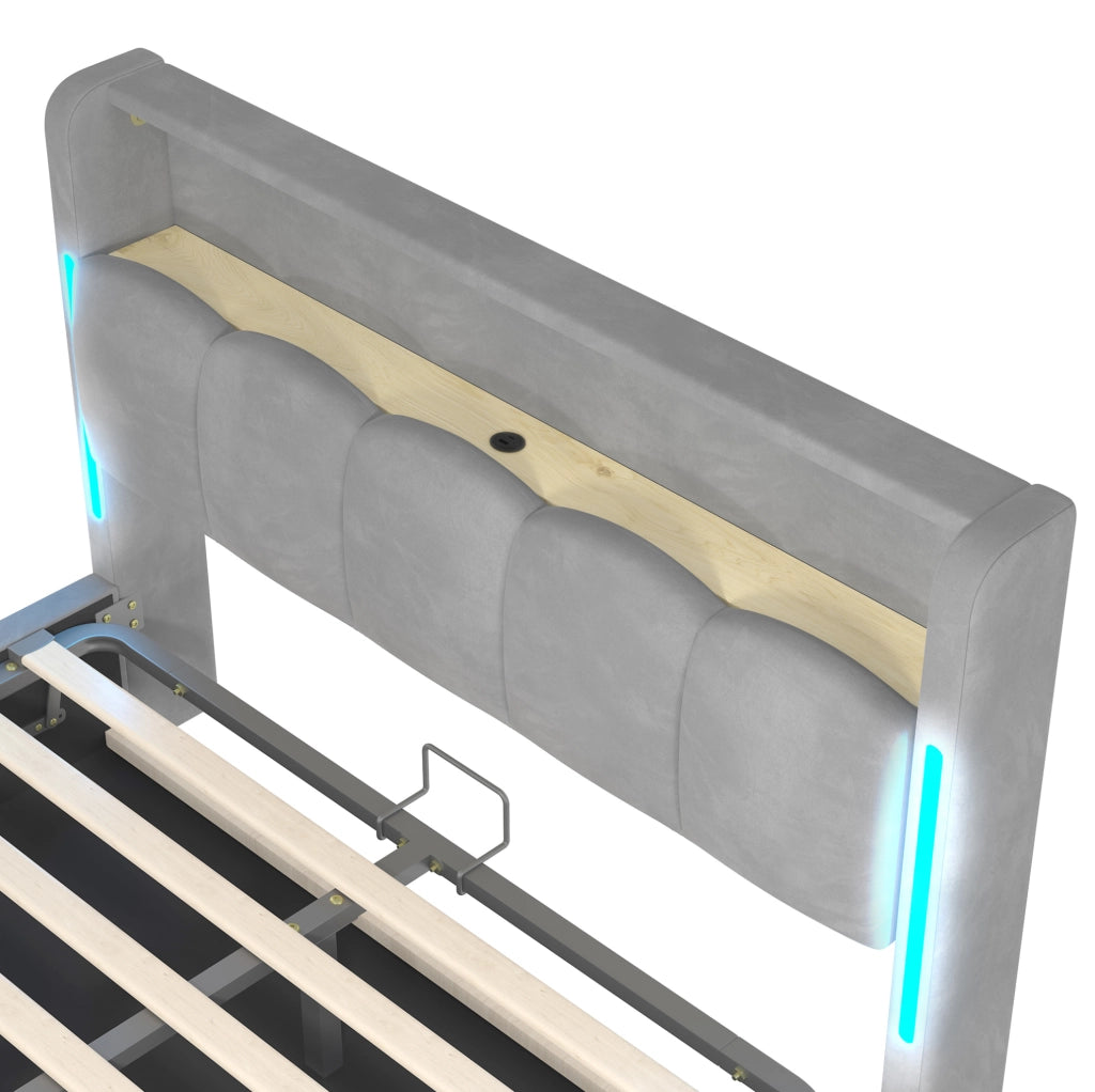 Letto matrimoniale imbottito 140x200 cm in velluto grigio con LED; contenitore e porte USB