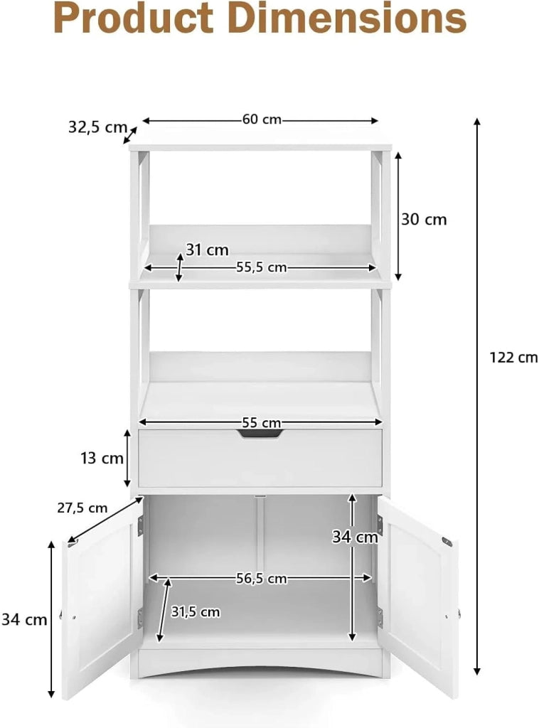 Armadietto Multiuso Bianco, Armadio Alto per Bagno con Cassetto e 2 Ripiani Aperti, Mobile Porta Microonde per Cucina, Design Compatto
