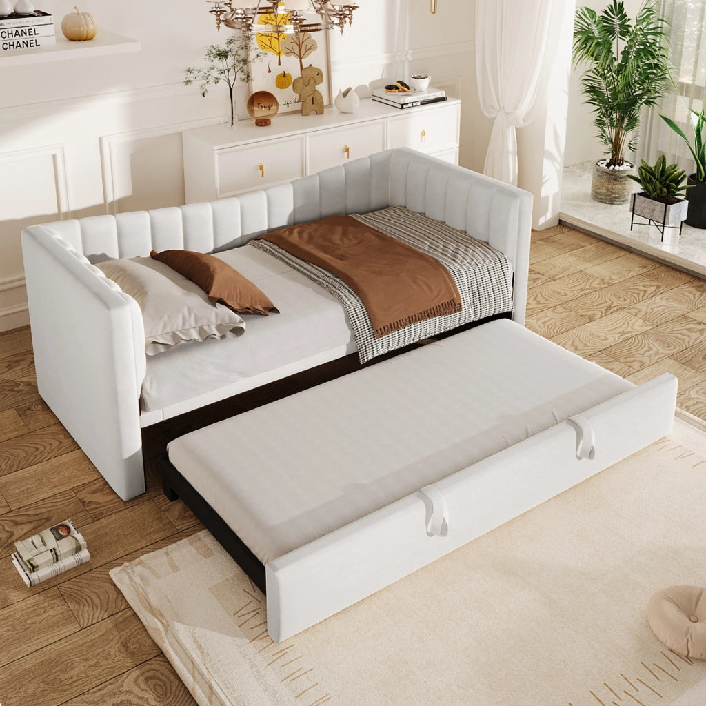 Letto singolo 90×200 cm con letto estraibile; senza materasso; velluto; bianco