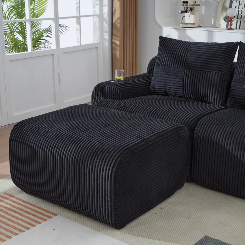Divano modulare 3 posti in corduroy nero con portabicchieri e tasca laterale, 268x174x80 cm