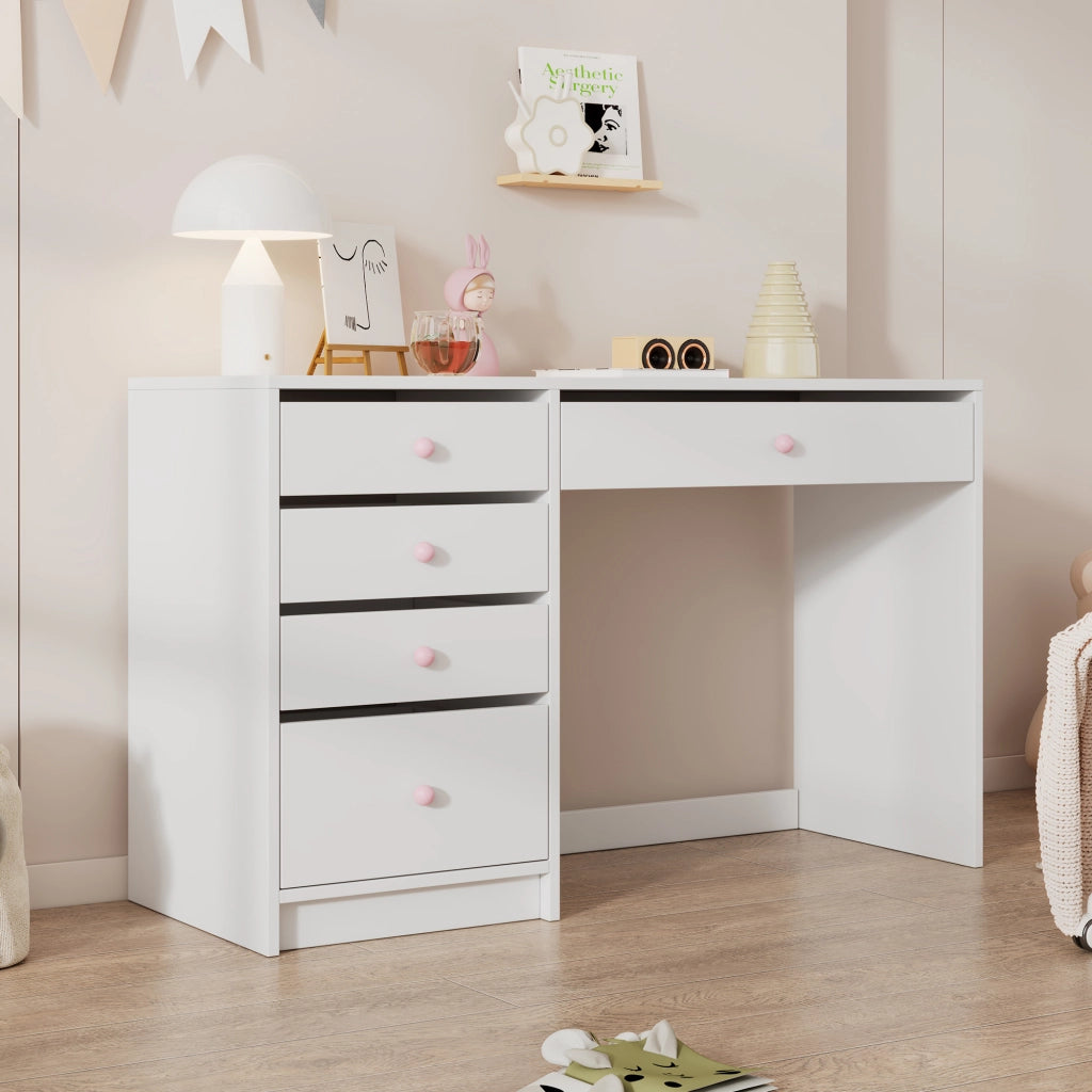Scrivania lineare con 5 cassetti e maniglie in ceramica rosa, per cameretta e camera da letto, bianco, 120 × 45 × 74 cm