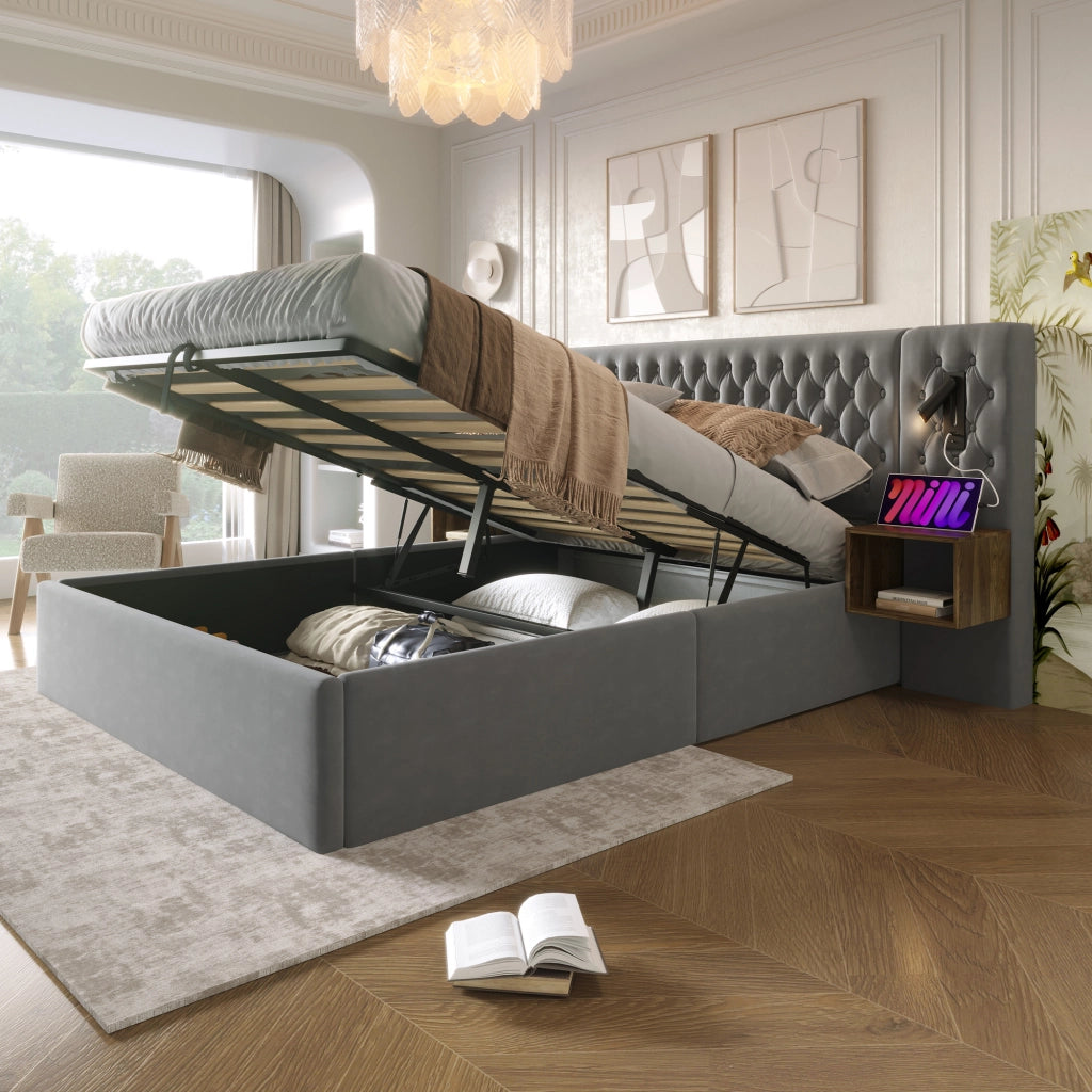 LETTO Contenitore 160x200 cm in Velluto Grigio con 2 Comodini