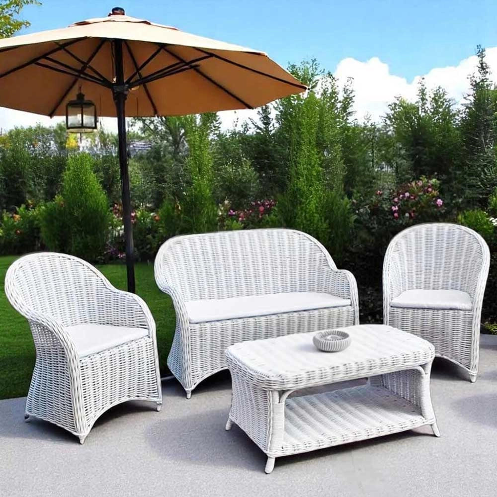 Salotto Roma da 1 divanetto 2 poltrone 1 tavolino in rattan intrecciato bianco