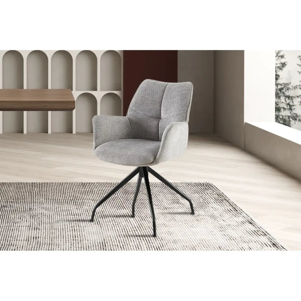Sedia da pranzo girevole TRINITY – Tessuto grigio – Con braccioli – Piedi in metallo nero – Stile design/industriale
