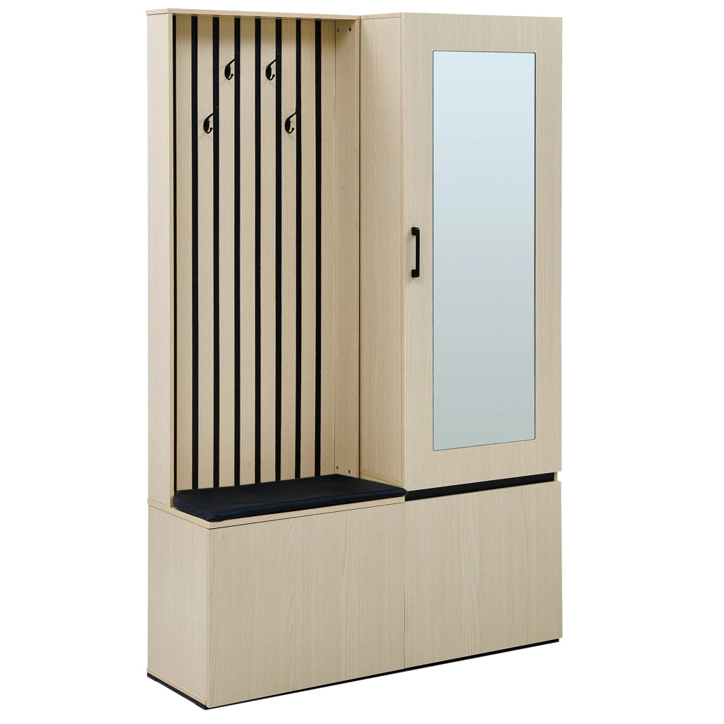 Mobile d'ingresso con specchio; panca; 4 ganci; vano scarpe e barra appendiabiti estraibile; in MDF; legno