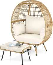 Sedia a Uovo con Poggiapiedi, Set da 2 Pezzi in Rattan con Struttra in Metallo e Cuscini Morbini, Portata 205 kg, Poltrona Relax per Soggiorno, Terrazzo, Giardino e Cortile