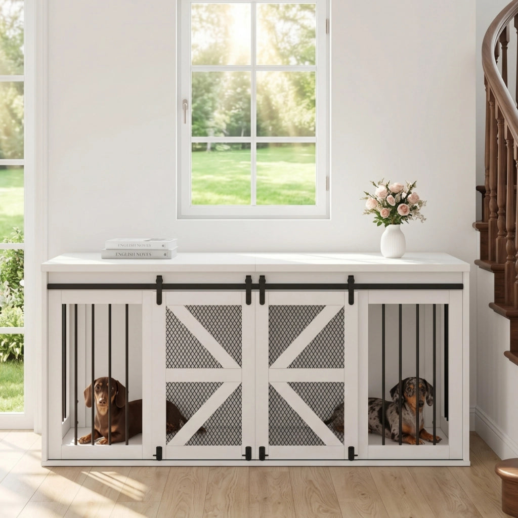 Cuccia per cani da interno con porte scorrevoli, divisorio centrale fisso, MDF e metallo, bianco, 160 x 60 x 75 cm