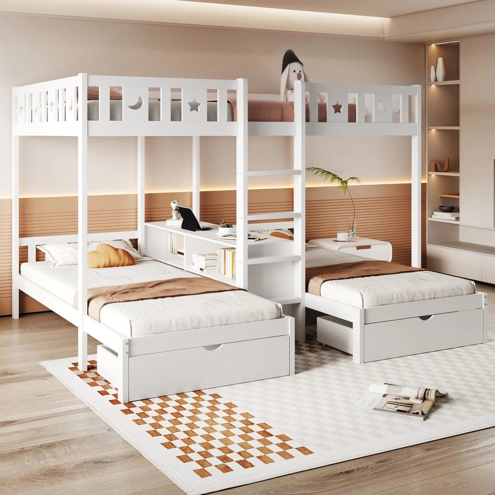 Letto a Soppalco con Scala, Cassetti e Contenitore ¨C Xylo ¨C Massello Bianco 90x200 / 140x200