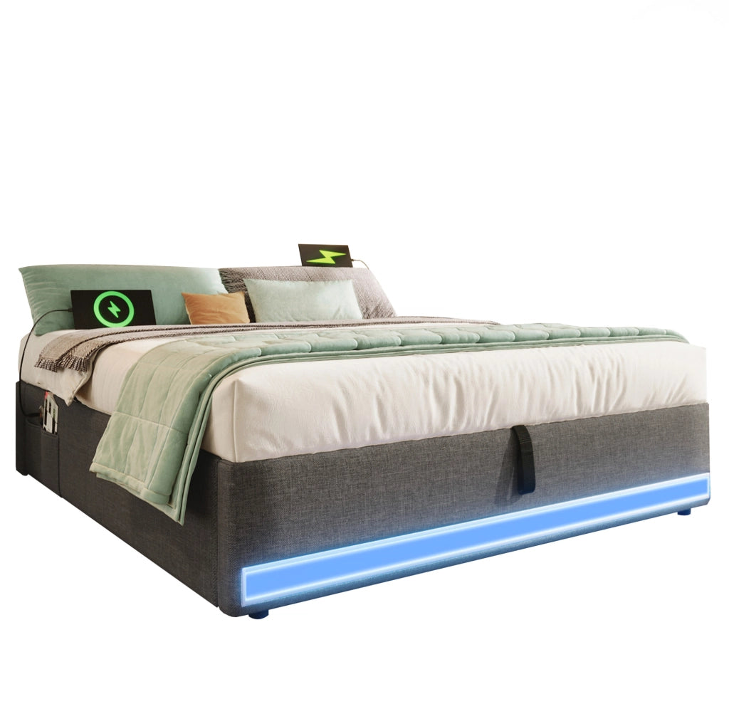 Letto imbottito 140x200 cm con LED, USB/Type-C e contenitore