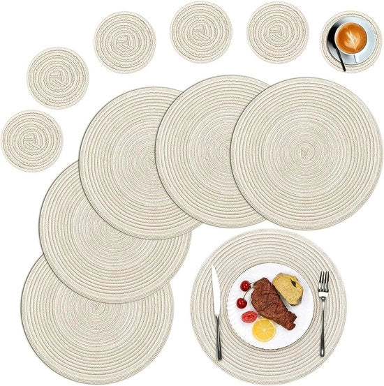 Set di tappeti di accostamento e sottotappeti a rete intrecciata di 6 pezzi - lavabili - resistente al calore - crema