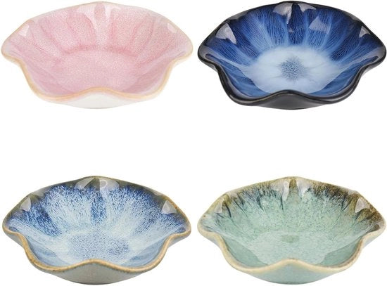Set di scodelle in ceramica da 4 pezzi - Azzurro giapponese - Forma fiorale - Per sushi, salse e snack - 11 cm - Resistenti al lavastoviglie