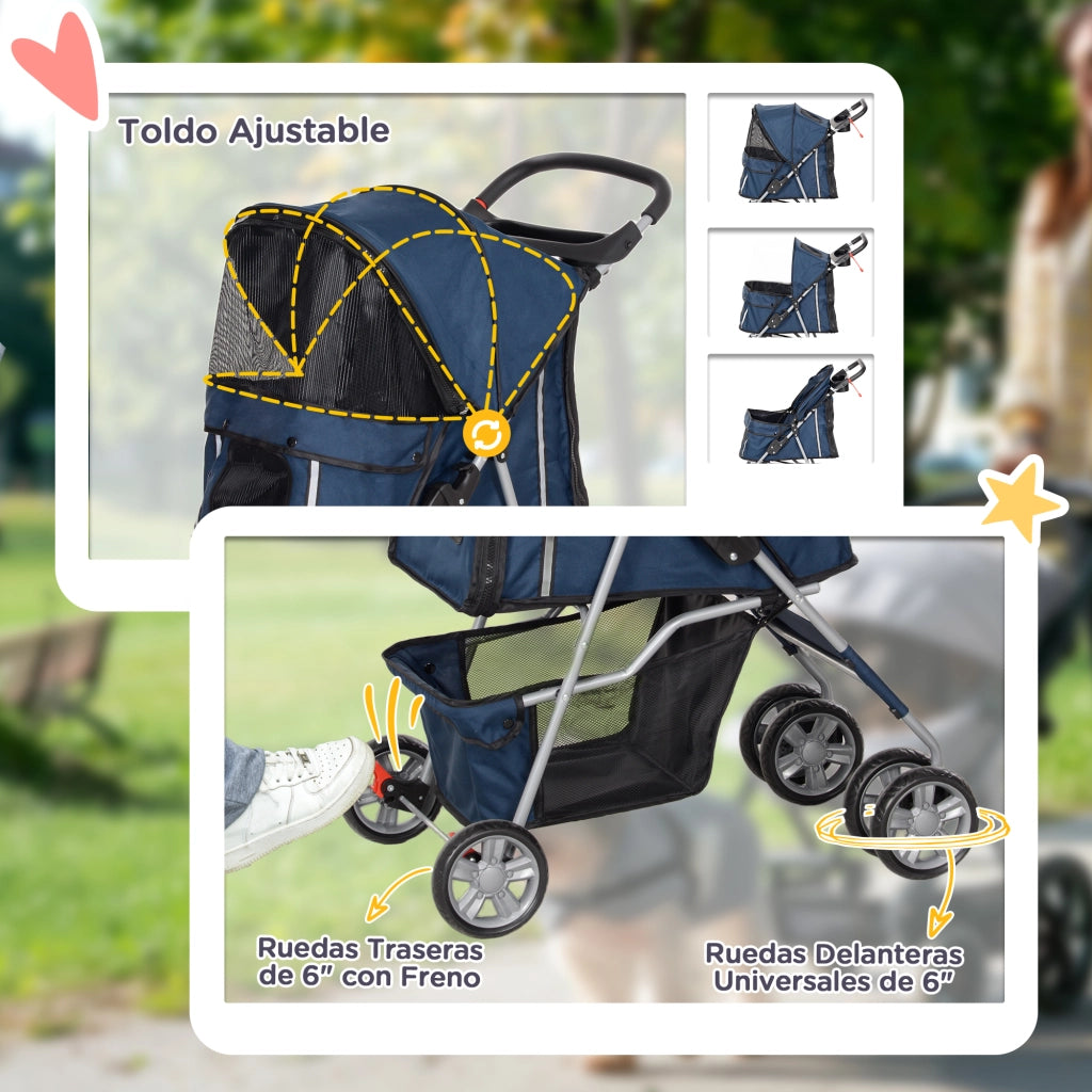 Passeggino per Cani Piccoli ¨C Xylo ¨C Con Tettuccio Regolabile Cesto Portaoggetti Portabicchieri Ruote 75x45x97cm Blu Scuro