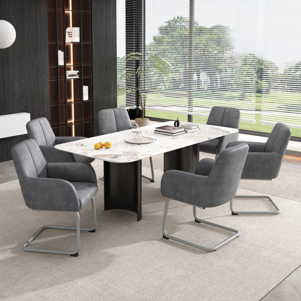 Set 2 sedie da pranzo con braccioli in pelle microfibra e metallo; grigio