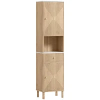 Colonna Bagno con Cassetto, 2 Armadietti e Ripiani Regolabili, Ripiano Effetto Marmo, 41.5x30x168 cm, Rovere