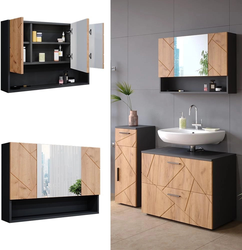 Specchio contenitore bagno Irma, Quercia dorata/antracite, 80.1 x 55 cm, con specchio e ripiani aperti per montaggio a parete