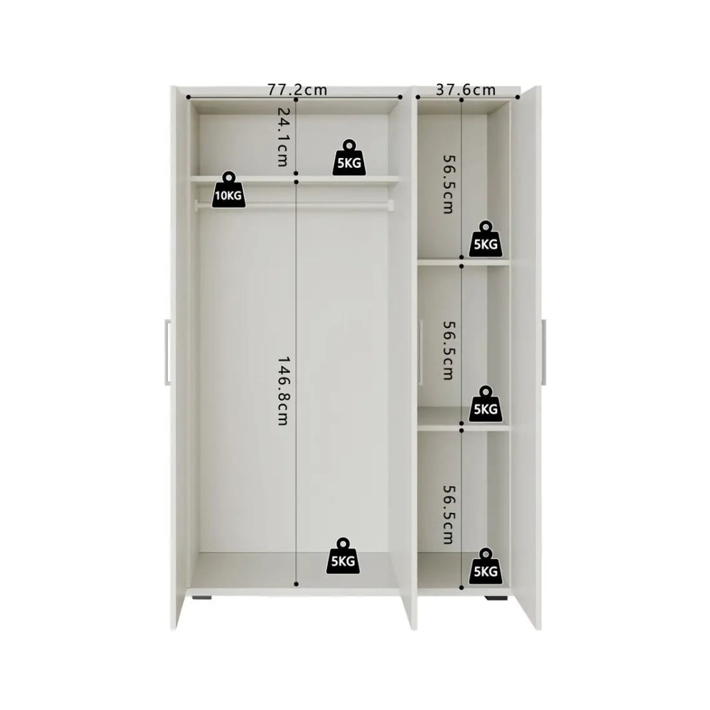 Armadio TOM 3 porte bianco opaco con guardaroba 120 cm