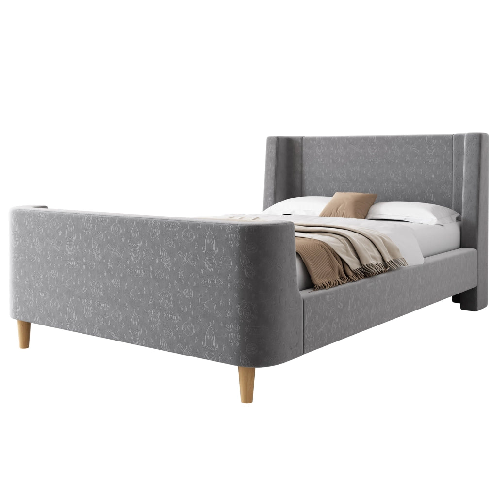 Letto singolo a slitta con motivo spaziale; 90x200 cm; in velluto grigio