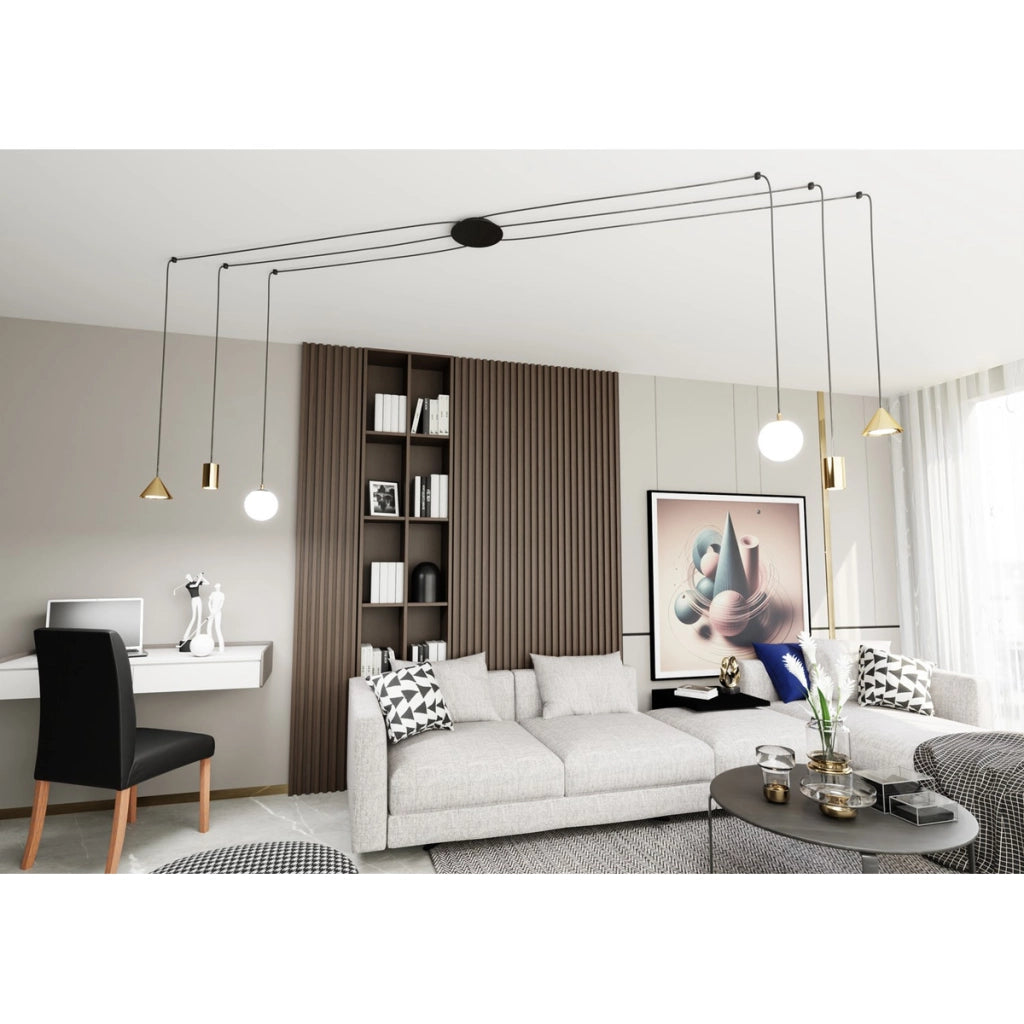 Lampada a sospensione FUJI con finitura oro e dettagli neri