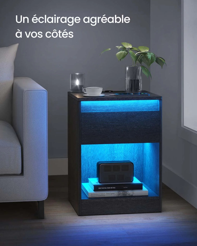 Comodino con multipresa tavolino laterale con luci LED regolabili comodino con cassetto 2 prese elettriche 2 porte USB moderno per camera da letto/soggiorno nero 12_0007661