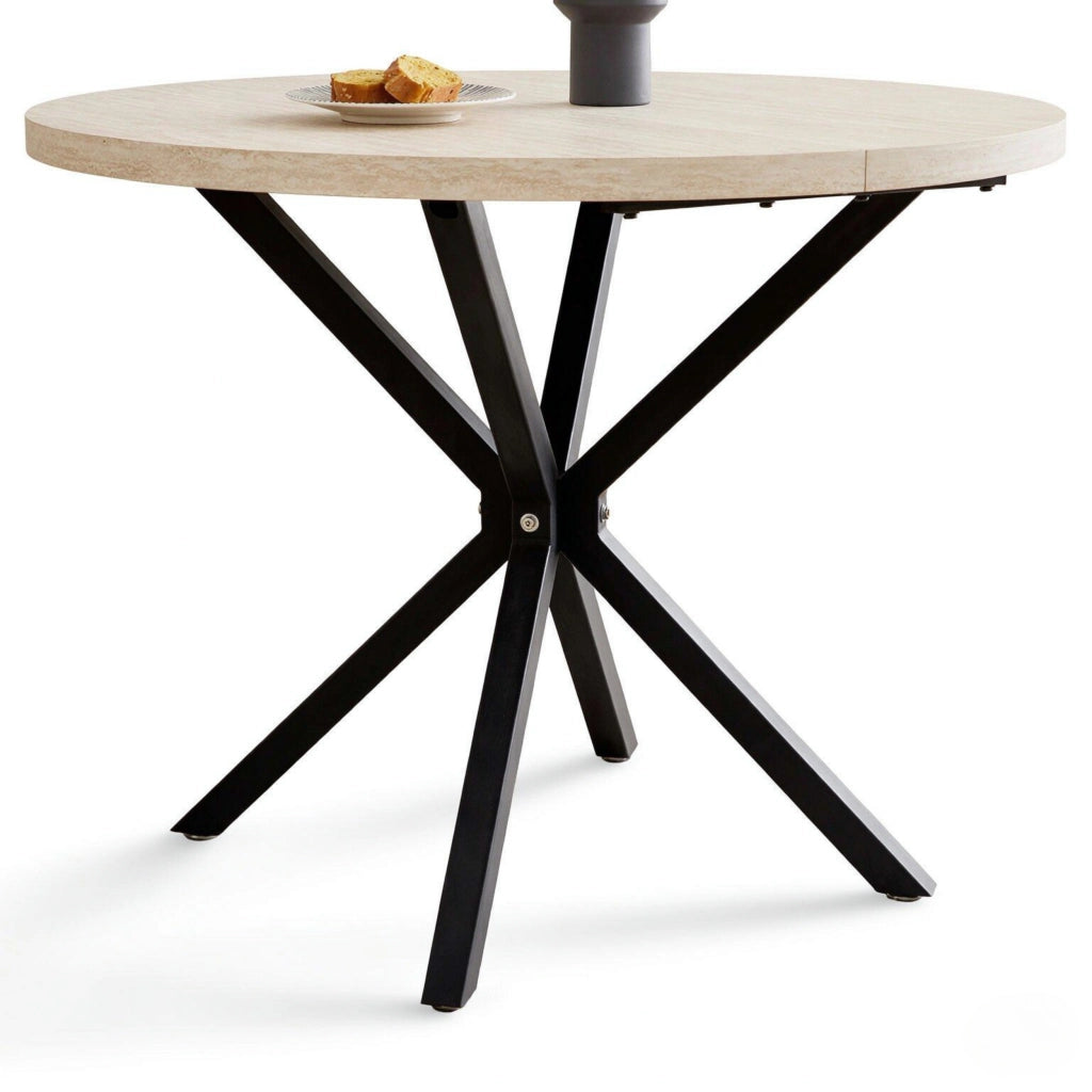 Tavolo da pranzo rotondo 100 cm con piano effetto pietra e gambe in metallo, stabile e versatile