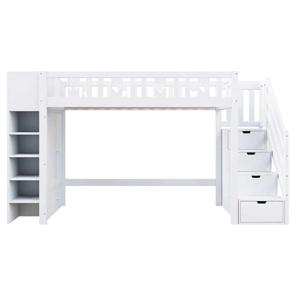 Letto a soppalco bianco 90x200 cm con scala contenitore, scaffali e armadietto ribaltabile