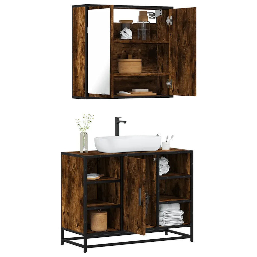 Set Mobili da Bagno 2 pz Rovere Fumo in Legno Multistrato