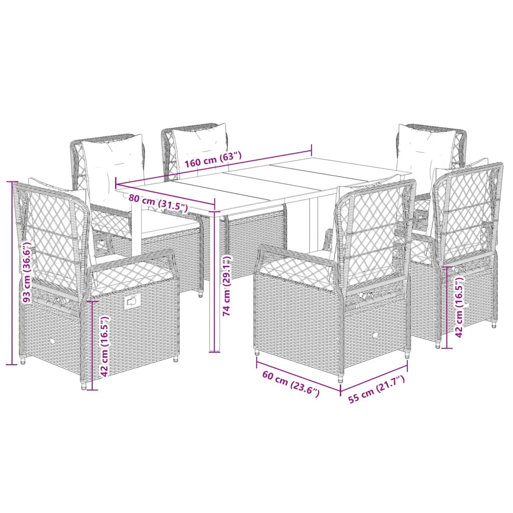 Set da Pranzo da Giardino 7pz con Cuscini in Polyrattan Marrone
